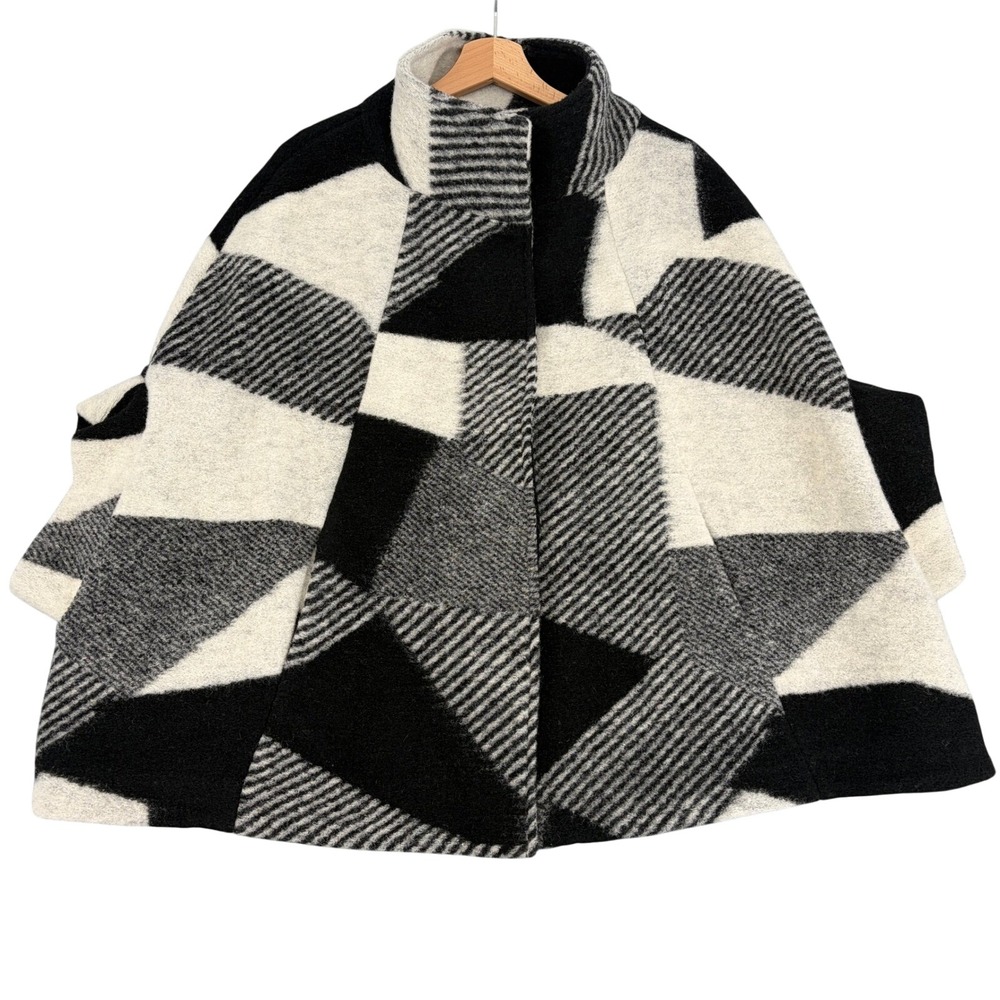Pino Pizo Collection Wool‎ Blend Geometric Cape Poncho Jacket Black White Large